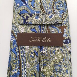 Tasso Elba SPA Tie Silk Handmade Necktie Blue Green‎ Paisley 59"x3.5"